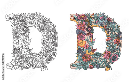Floral alphabet Letter D Coloring book for adults