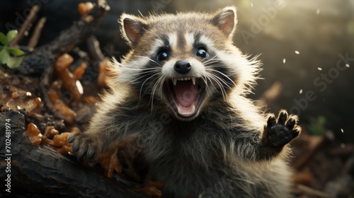 Raccoon with raised paw and open mouth in the forest. Funny animal. Perfect for use in wildlife publications, conservation awareness, or as wall art. © Jafree
