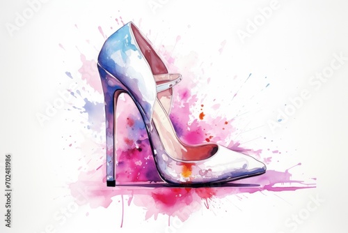 Watercolor fashion women high heeled shoe against a background of splashes and stains. In light blue pink purple colors. Ideal for fashion blogs or retail advertisements