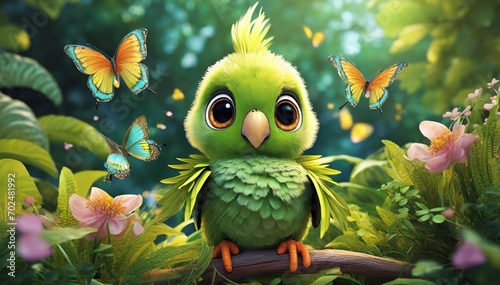 Tropical Haven: Parrot Perched on a Garden Branch, Joined by a Butterfly