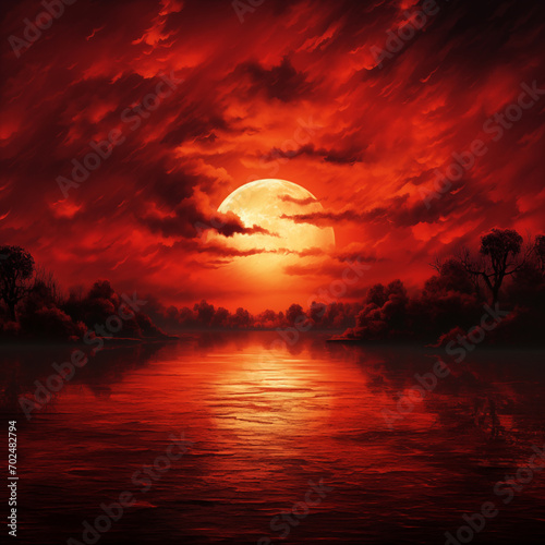 Beautiful scenic view of the red sunset over a lake