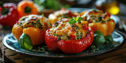 Italian-Inspired Bliss - Pesto Chicken Stuffed Bell Peppers - Culinary Elegance in Every Pepper - Soft Light Accentuating Stuffed Pepper Perfection photo