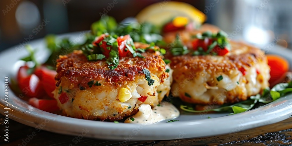 Spicy Seafood Appetizer - Cajun Crab Cakes with Remoulade - Culinary Explosion in a Cake - Intense Light Capturing Seafood Extravaganza