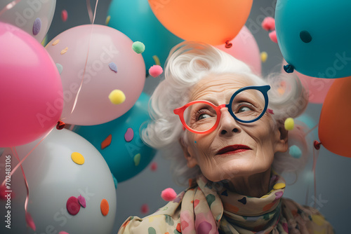 Granny with orange and blue glasses celebrating her birthday
