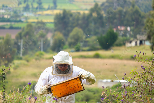 Un joven apicultor retratado mientras cuida una colmena en lo profundo de las montañas de los Andes ecuatorianos. Está vestido con un traje blanco y se le ve extrayendo un panal de una colmena abierta photo