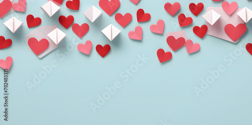 Red and Pink paper hearts on turquoise background  paper art style