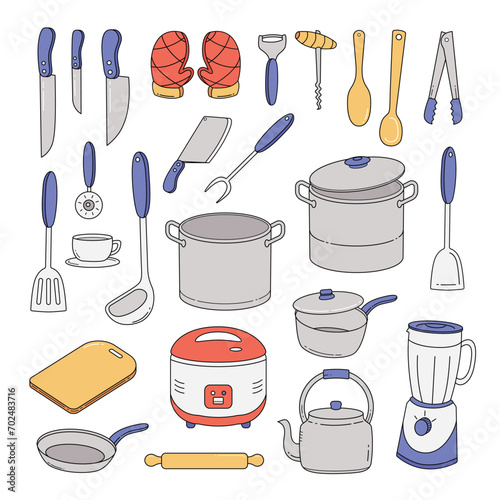 Doodle hand drawn kitchen utencils. Set of kitchenware sketch. Vintage doodles for design restaurant menus and decorating vector illustration