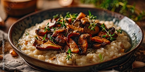 Creamy Arborio Rice Luxe - Wild Mushroom Risotto - Elegance in Every Spoonful - Soft Light Enhancing Culinary Creaminess photo