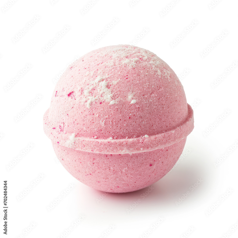 Round, organic, pink, salt bath bomb. Handmade, vegan. Product photography. Isolated on white background with a soft shadow. Texture detail closeup. Round, organic, pink, salt bath bomb. Handmade, vegan. Product photography. Isolated on white background with a soft shadow. Texture detail closeup.