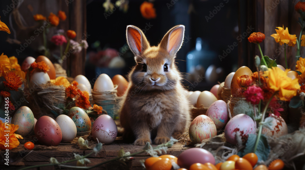 Cute Easter Bunny adorable baby rabbit surrounded by easter eggs