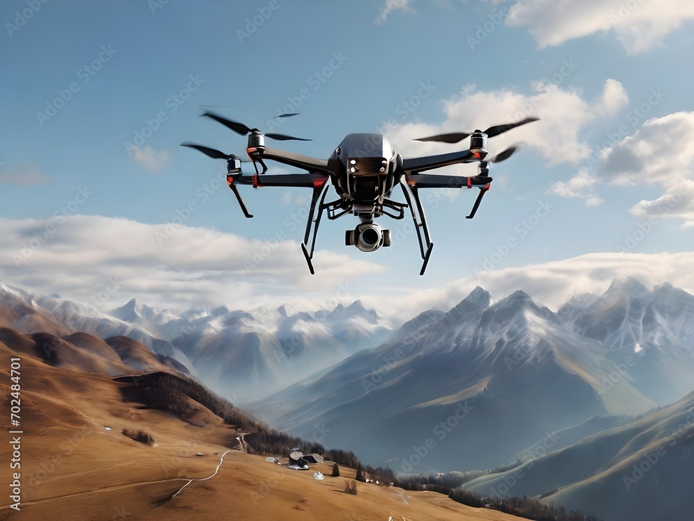 Drone flying above the mountains, technology in nature Drone flying above the mountains, technology in nature