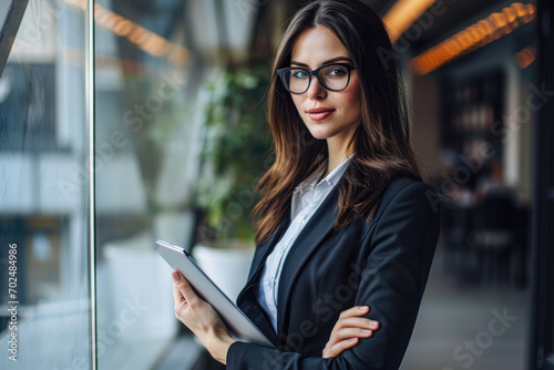 Smiling young elegant professional female business leader Caucasian female manager in glasses and suit holding tablet and looking at camera, against office background, copy space