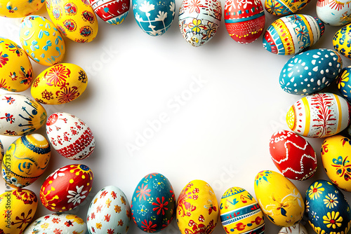 Easter decoration with colorful easter eggs on white background with empty space for your text.
