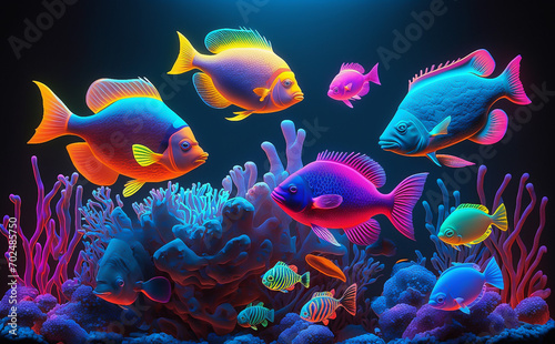 3D neon colorful fish in sea