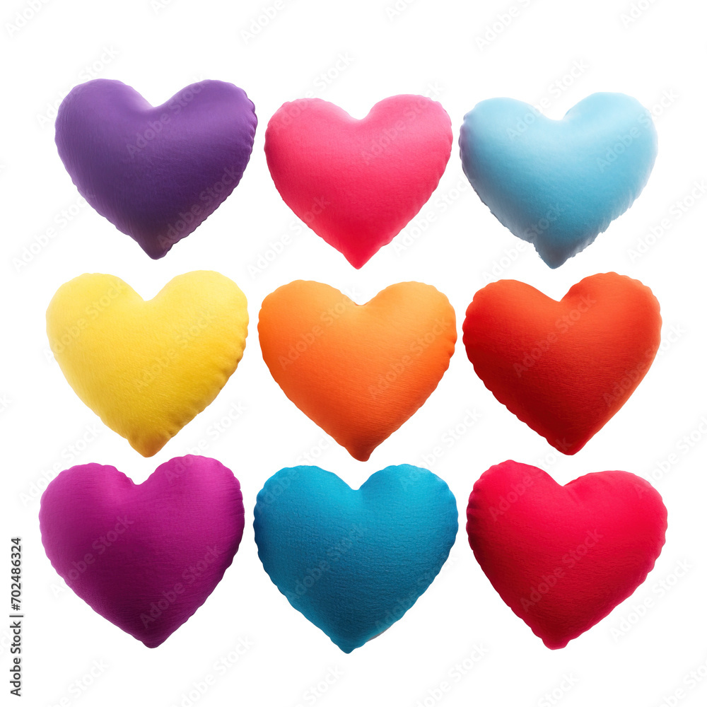 Set of colorful heart-shaped pillows over isolated transparent background