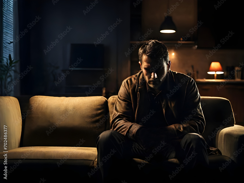 Lonely depressed man sitting alone in dark living room, mental health concept