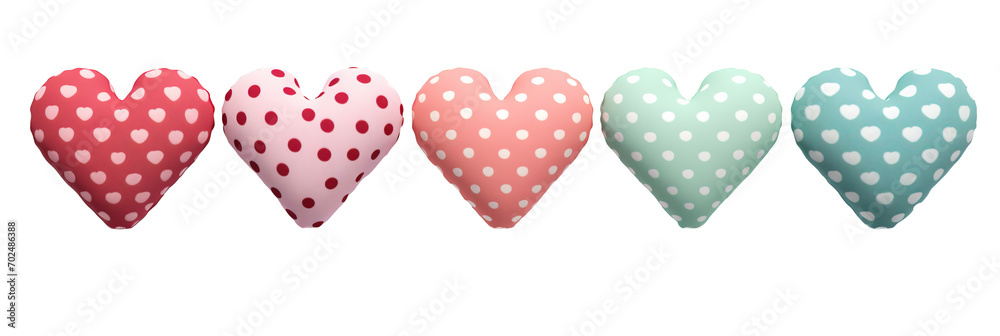 Set of colorful heart-shaped pillows with polka dots over white transparent background Set of colorful heart-shaped pillows with polka dots over white transparent background