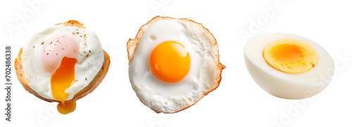 Poached, fried and boiled eggs over isolated transparent background