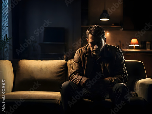 Lonely depressed man sitting alone in dark living room  mental health concept
