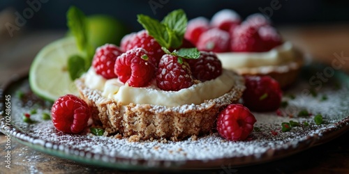 Tropical Fruity Dessert Delight - Coconut Lime Raspberry Tart - Culinary Bliss in Every Bite - Soft Light Accentuating Fruity Tart Elegance