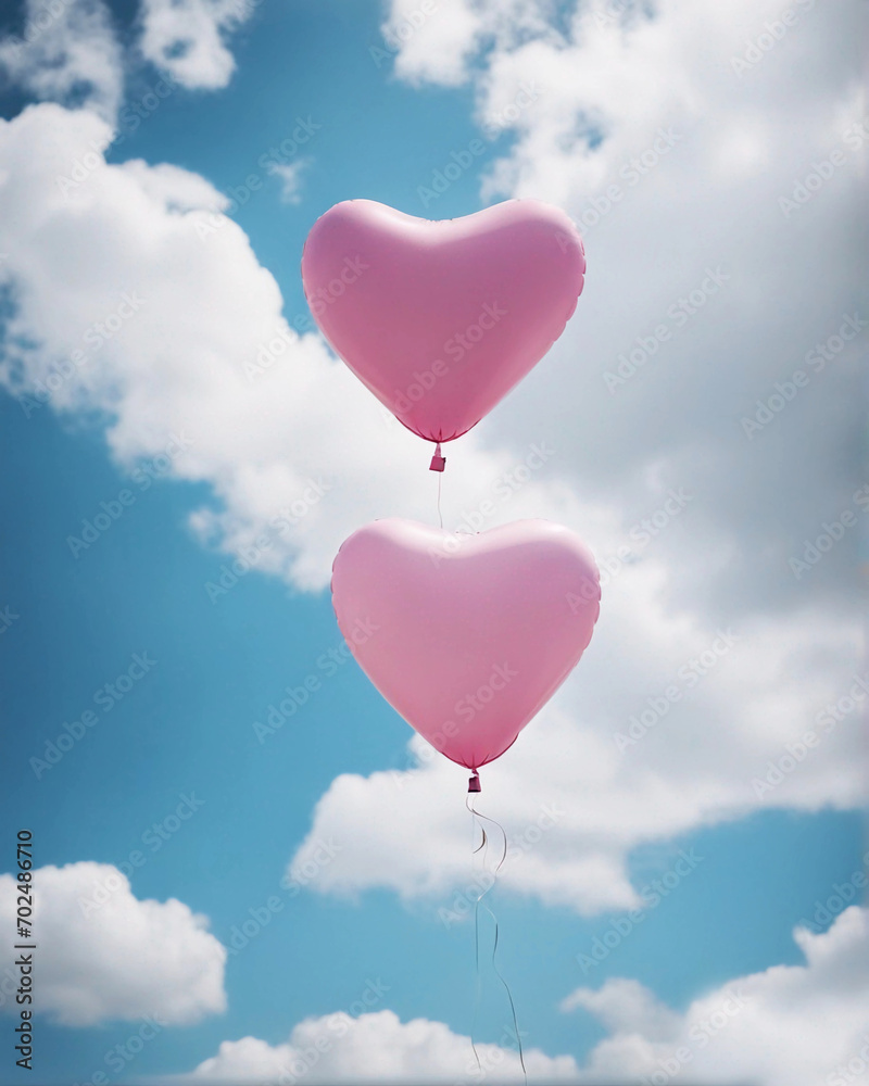 Pink coral heart balloons over a pastel blue sky.