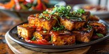 Spicy-Sweet Vegan Delight - Crispy Sriracha Honey Glazed Tofu - Culinary Temptation on Your Plate - Dynamic Light Capturing Vegan Delight