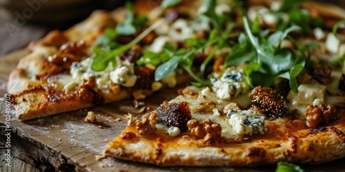 Savory Pizza with a Twist - Blue Cheese Walnut Fig Flatbread - Culinary Fusion on Your Plate - Subtle Light Enhancing Pizza Indulgence