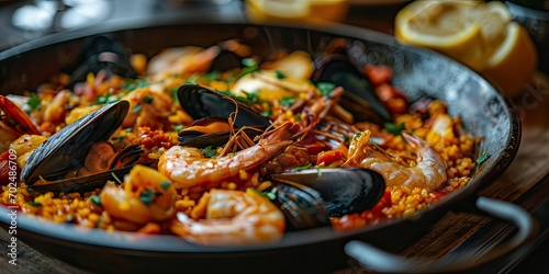 Spanish Culinary Fiesta - Saffron Infused Seafood Paella - Culinary Joy in Every Bite - Dynamic Light Capturing Seafood Paella Fiesta 