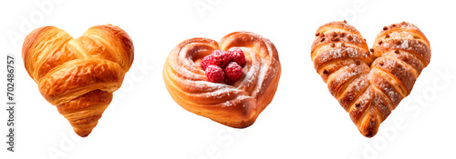 Danish bread with fruits, brioche and croissant breads with heart shape over white transparent background photo