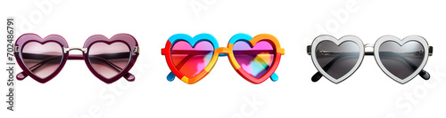 Set of colorful heart shape sunglasses over isolated transparent background