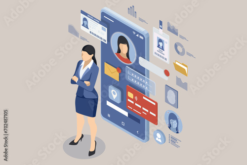 Isometric Personal data protection system of mobile applications. , Mobile security, Privacy settings, Secure access, Biometric authentication, Mobile data safety concept.