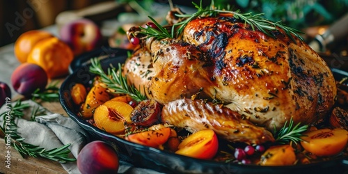 Southern-Style Poultry Perfection - Peach Bourbon Glazed Turkey - Culinary Opulence on Your Plate - Soft Light Illuminating Glazed Turkey Delight