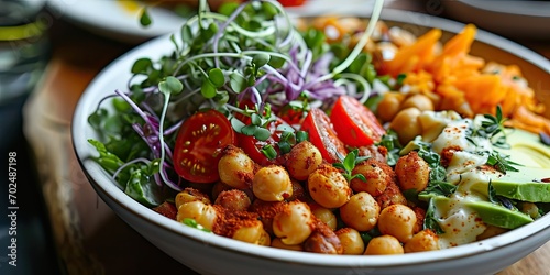 Mediterranean Veggie Bliss - Harissa Chickpea Salad Bowl - Culinary Fusion in Every Bite - Soft Light Accentuating Chickpea Salad