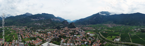 Aerial view of Arco village and his Arco castle on high rock view, Sarca Valley, Trentino Alto Adige region of Italy . Arco, Trento, Italy