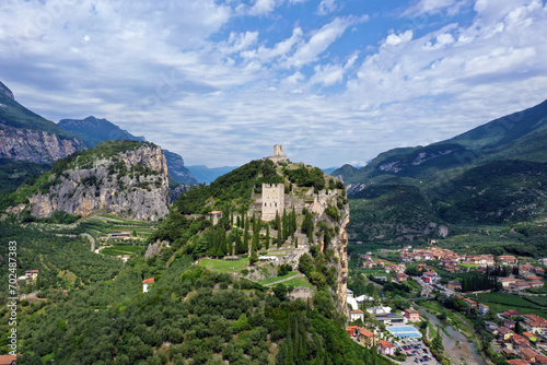 Aerial view of Arco village and his Arco castle on high rock view, Sarca Valley, Trentino Alto Adige region of Italy . Arco, Trento, Italy