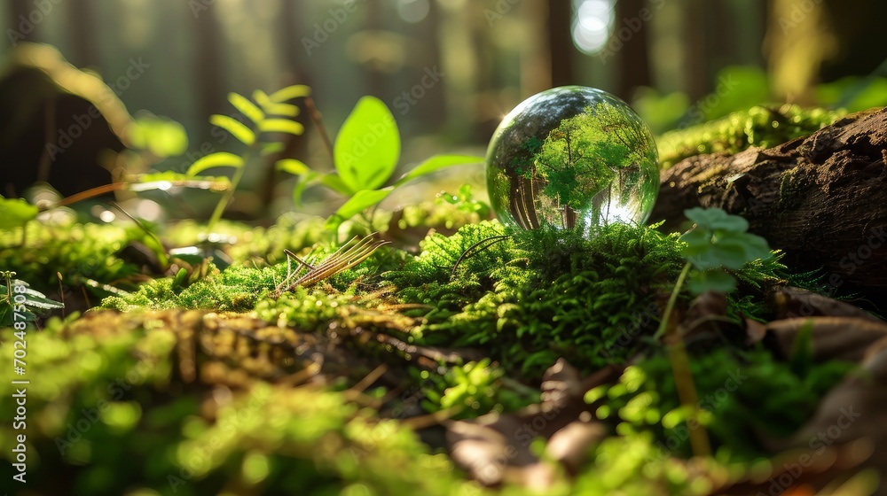 Earth Day - Environment - Green Globe In Forest With Moss And Defocused Abstract Sunlight Earth Day - Environment - Green Globe In Forest With Moss And Defocused Abstract Sunlight