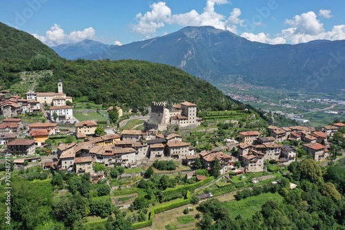 Aerial view of Tenno village Trentino-Alto Adige, Alto Garda and Ledro Community. Tenno, Trento, Italy