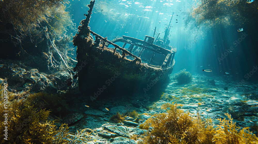 An eerie underwater scene of a shipwreck enveloped by ocean flora, resting peacefully on the sea bed as light filters from above
 - obrazy, fototapety, plakaty 