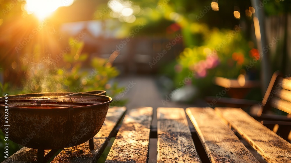 Summer time in backyard garden with grill BBQ, wooden table, blurred background Summer time in backyard garden with grill BBQ, wooden table, blurred background