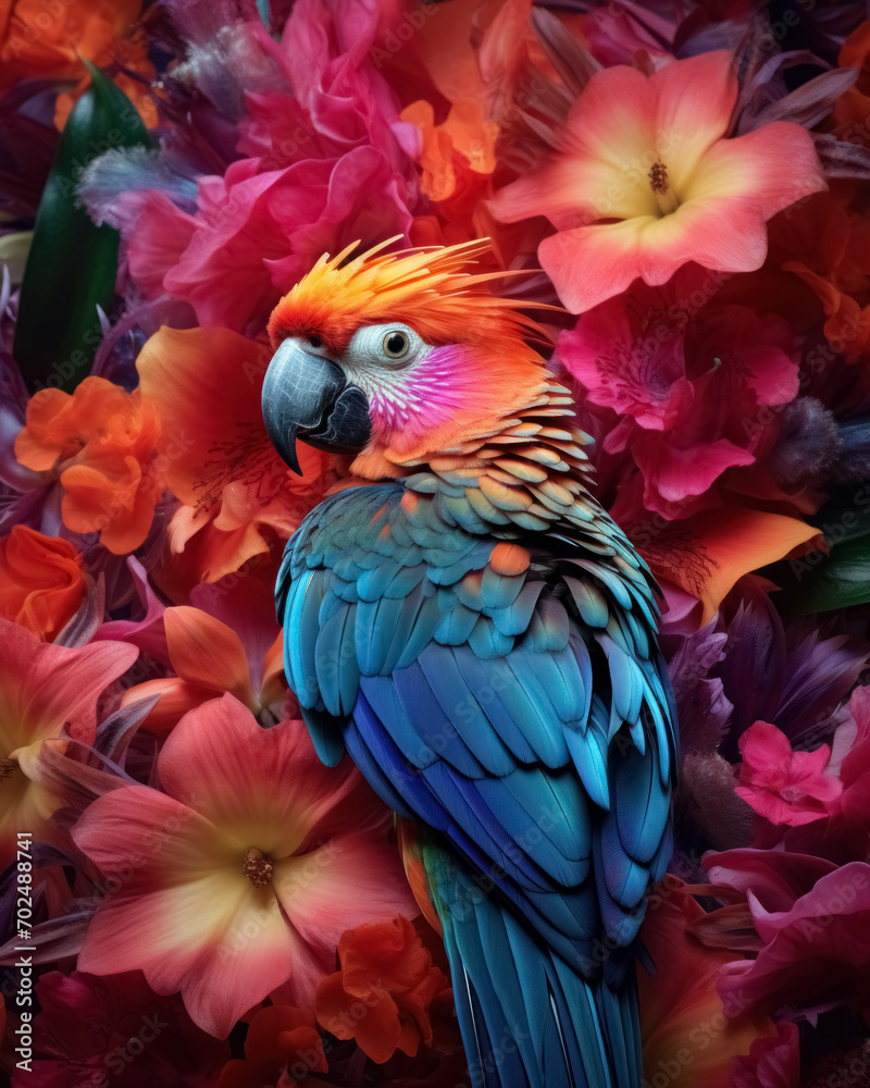 Obraz premium Single beautiful exotic tropical parrot with bright multicolored flowers on red background