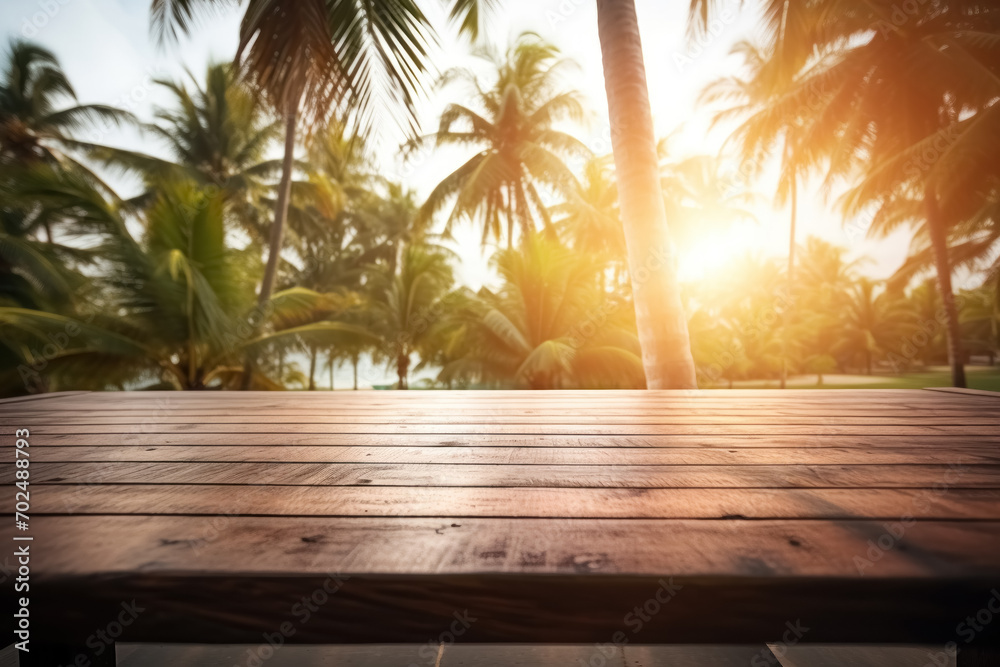 Empty wooden table outdoor in sunset rays with palm trees on blurred background Empty wooden table outdoor in sunset rays with palm trees on blurred background