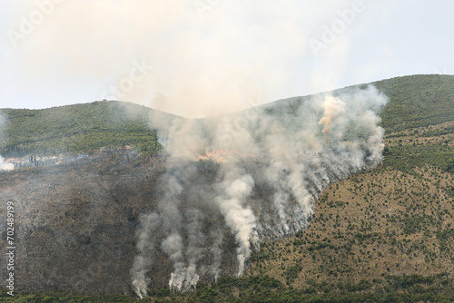 Wildfire on mountain with smoke, suitable for environmental themes. 