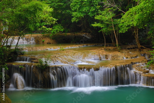 Erawan Waterfall is located in Erawan National Park. A 7-tiered waterfall for each level can go into the water. It is very famous  large and beautiful.  Kanchanaburi province Thailand