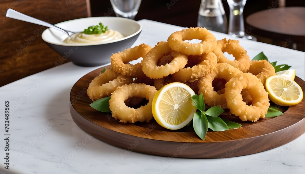 Fried calamari squid appetizer on wooden plate