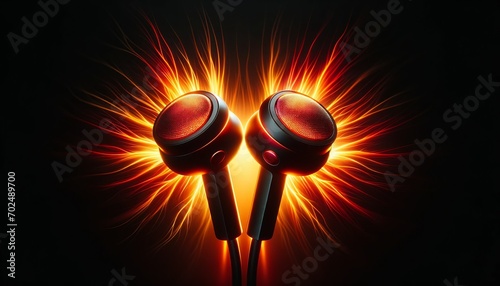 Pair of headphone earbuds emitting a warm, fiery glow in shades of red and orange, showcased against a dark backdrop, evoking a sense of energy and passion in the viewer. Generative AI