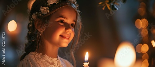 Young girl in fluffy, white dress with candle and enchanting smile, celebrating first communion.