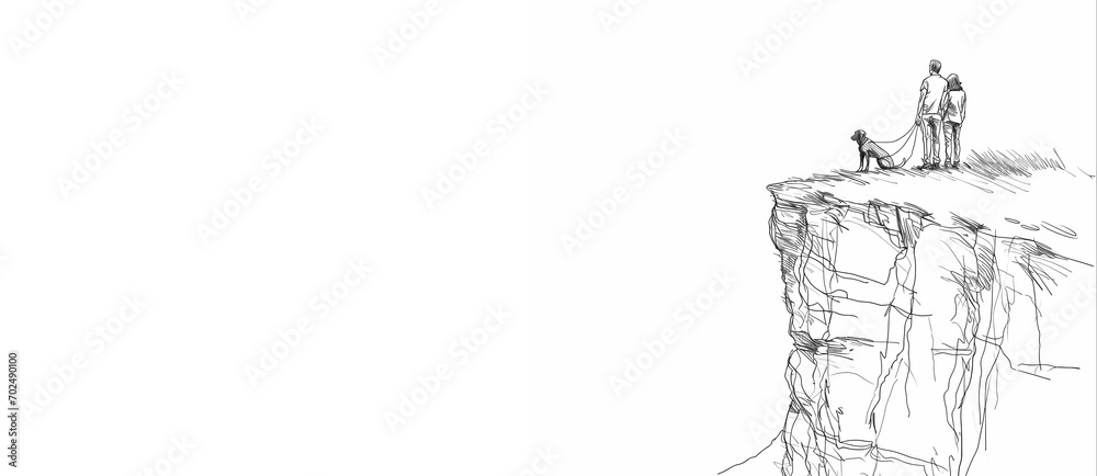 A Beautiful couple and a dog Stand on a mountain peak,  Minimal line art, pencil pen sketch line art, isolated background, 