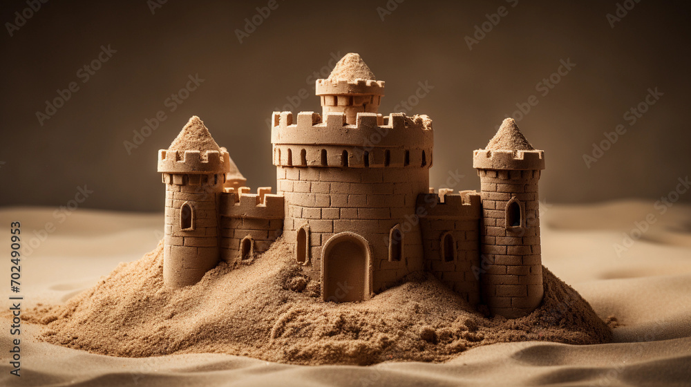 Artfully Constructed Child's Sandcastle on a Bright Background: Imagination and Play Collide
