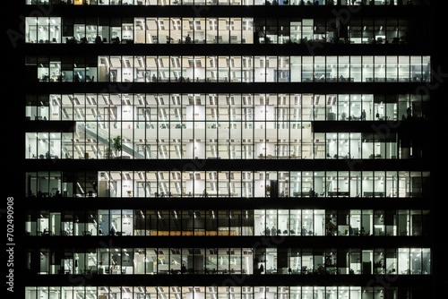 Series of offices at night in a modern building seen from the outside photo