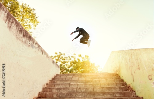 Man doing parkour jumping walls. Latin man doing parkour jumping walls, Low angle of man doing parkour at sunset photo
